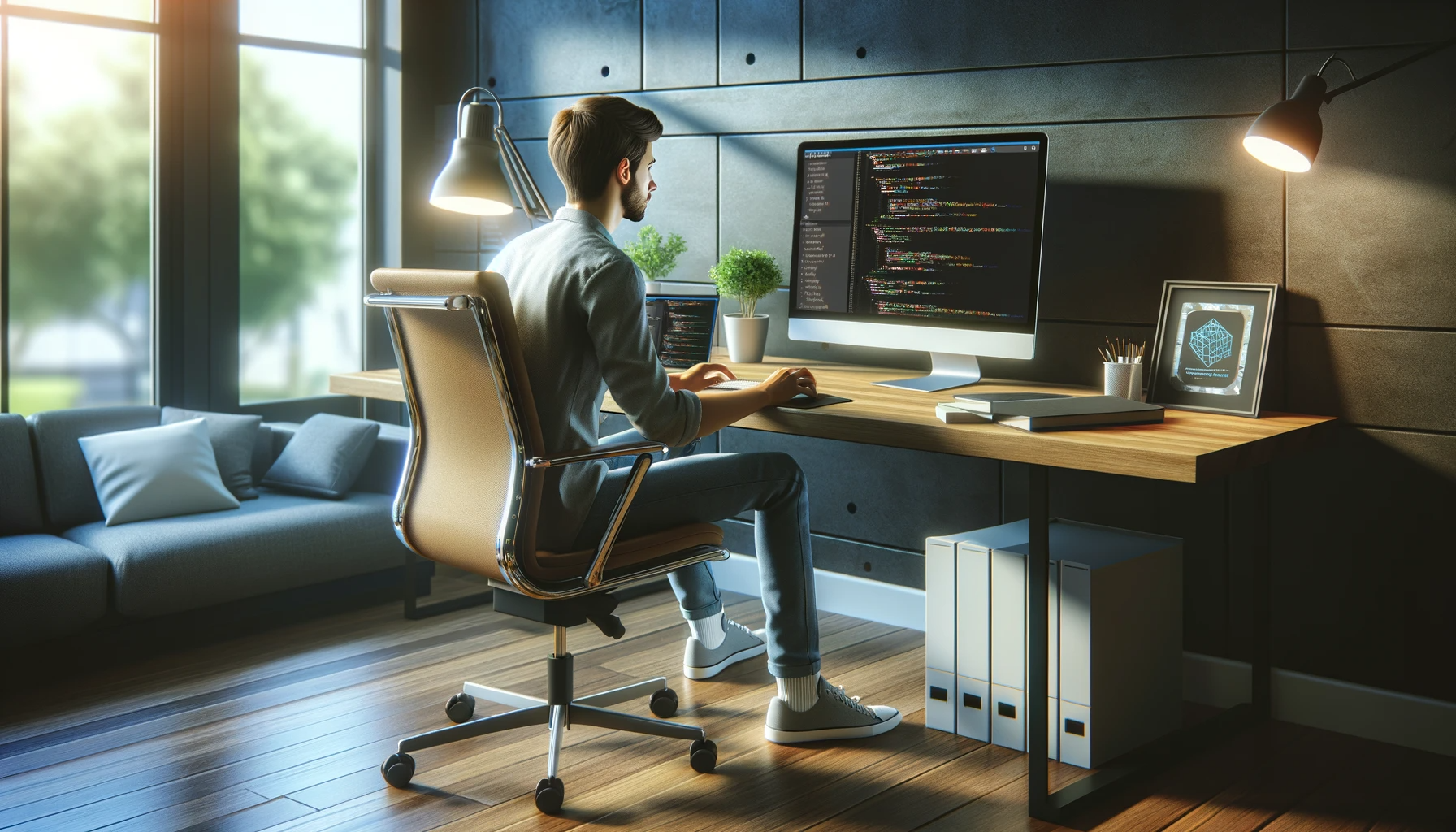 Image from DALL-E: A photorealistic image of a developer sitting and programming an app on a computer. The setting is a modern office or home office environment