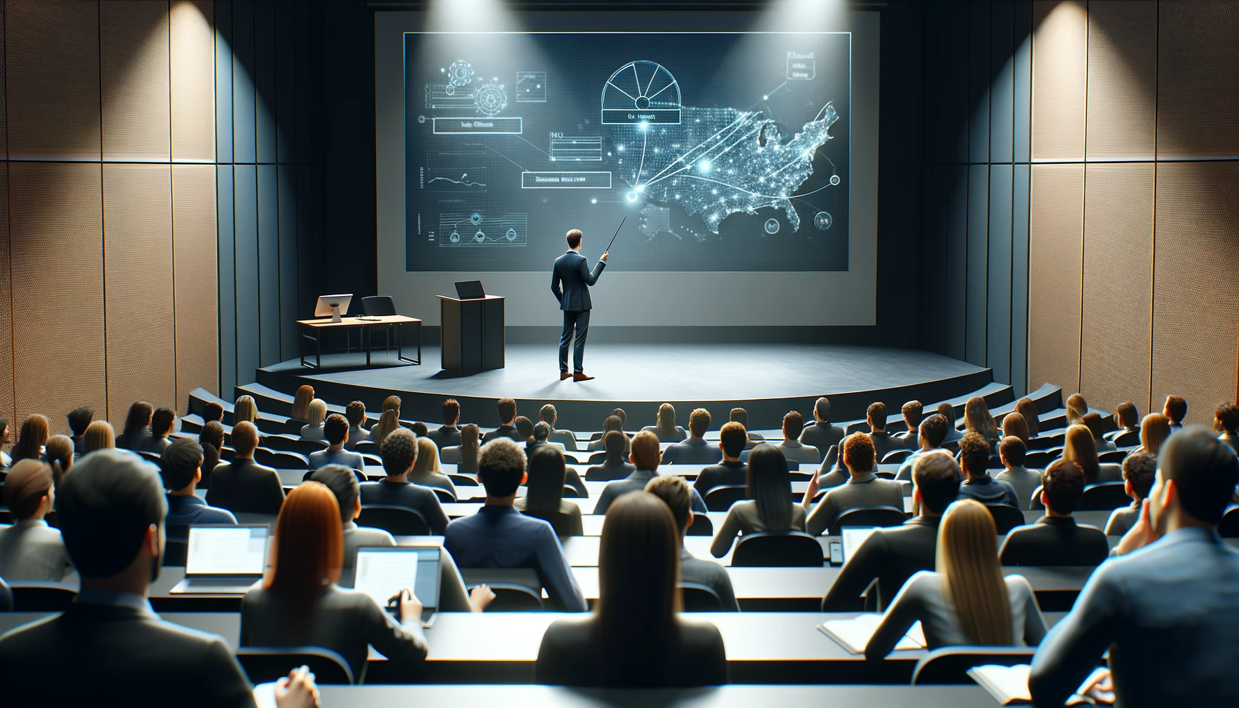 From DALL-E: A photorealistic image of a teacher giving a lecture in a classroom or auditorium. The teacher is standing in front of a large screen or blackboard