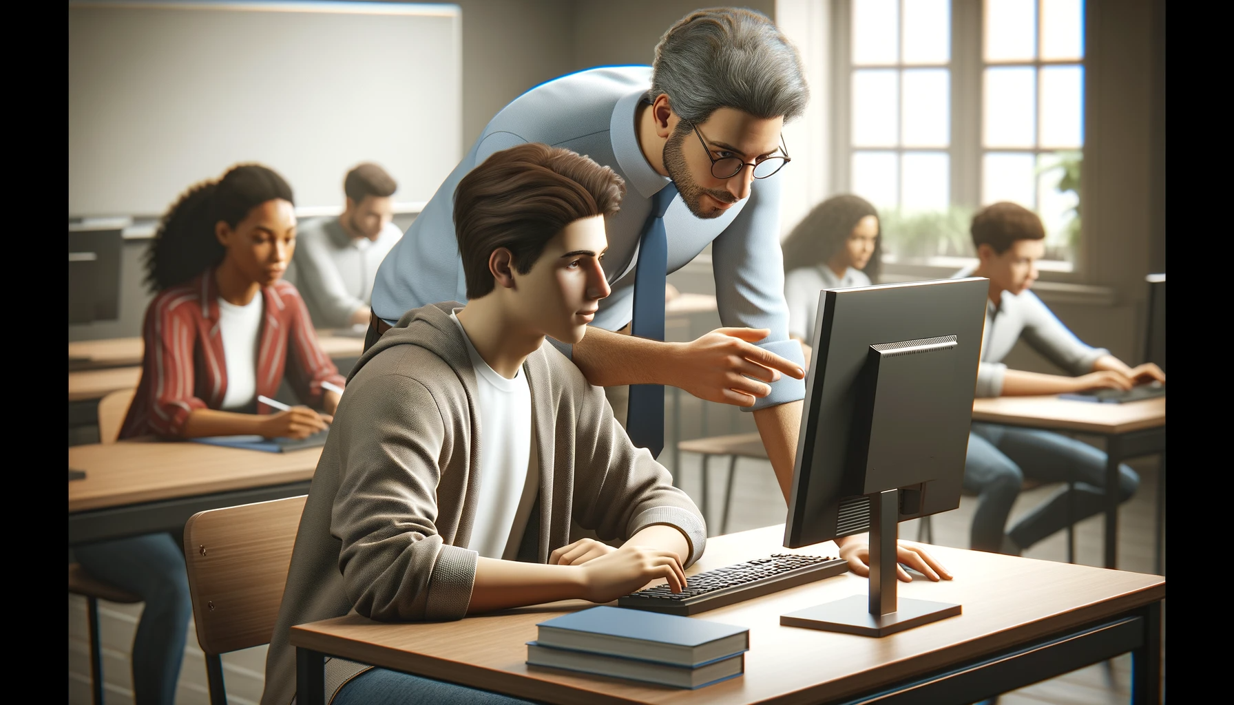 From DALL-E: A photorealistic image of a teaching situation where a student is receiving help from a teacher on their computer. The setting is a classroom.